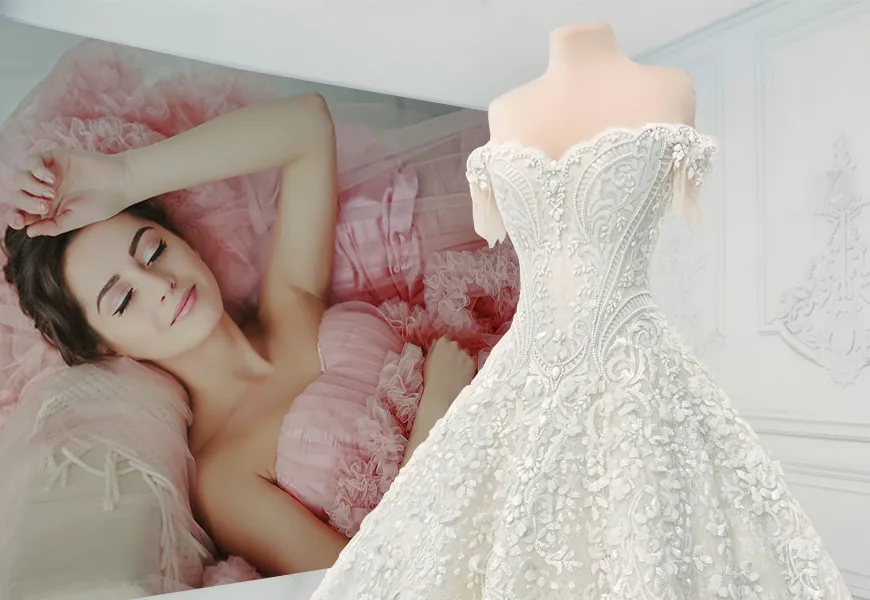 کاغذ دیواری سه بعدی مزون عروس طرح عروس صورتی